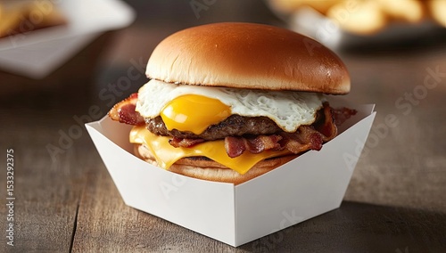 Breakfast burger in white paper container photo