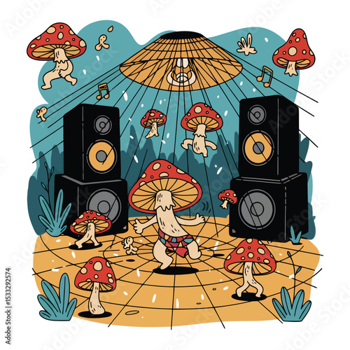 A psychedelic mushroom rave featuring dancing fungi under a UFO-like structure with booming speakers.