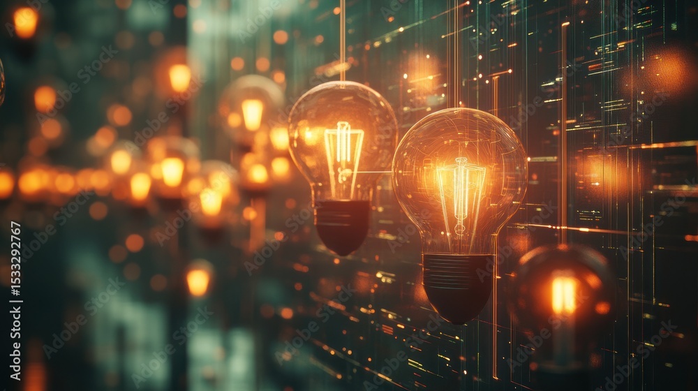 Fototapeta premium Glowing light bulbs illuminate a complex network, symbolizing innovation and connectivity.