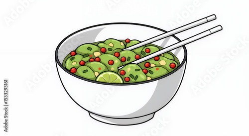 Delicious Green Mango Salad with Chili and Lime in a Bowl, Ready to Eat with Chopsticks Asian Cuisine Illustration