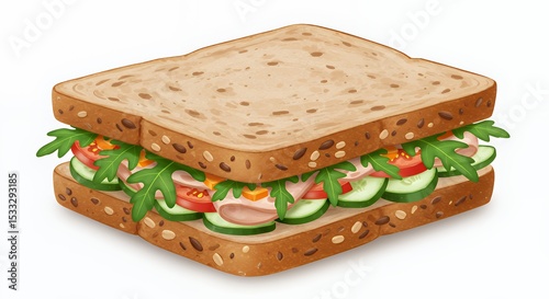Delicious Multigrain Sandwich with Ham, Cucumber, Tomato, and Arugula