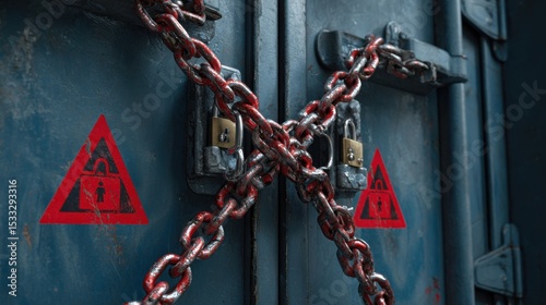 A chain is wrapped around a door with a red triangle sticker on it