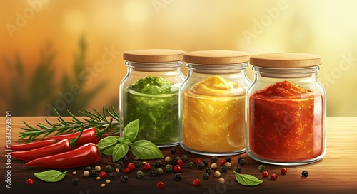 Vibrant Jars of Homemade Pesto, Mustard, and Spicy Sauce with Fresh Herbs and Chili Peppers on Wooden Table