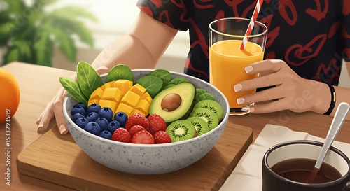 A Delightful Morning: Fresh Fruit Bowl with Orange Juice and Coffee