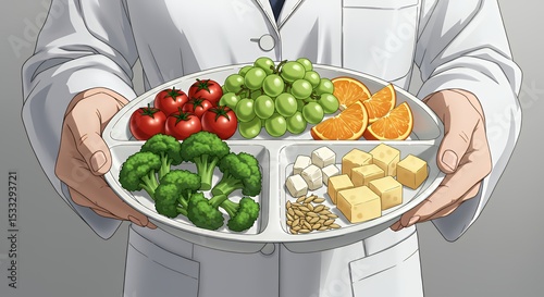 Balanced Diet Presentation A Doctor Holding a Plate with Various Healthy Foods:  Fruits, Vegetables, Cheese, and Grains