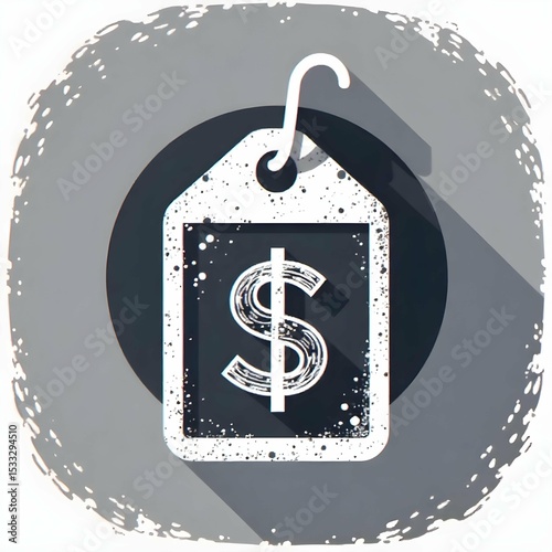 Minimalist black and white vector icon of a price tag with a dollar sign, clean line art style, no background