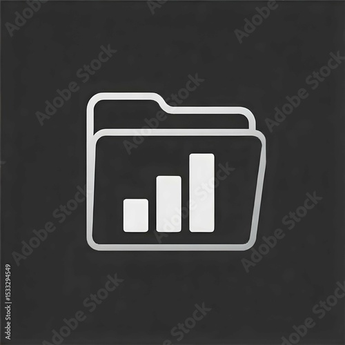 Minimalist black and white vector icon of a file folder with bar graph symbol, clean outline, no background