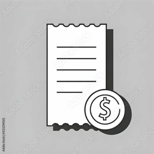 Black and white vector icon of a printed receipt with a coin symbol beside it, minimalist line art, no background