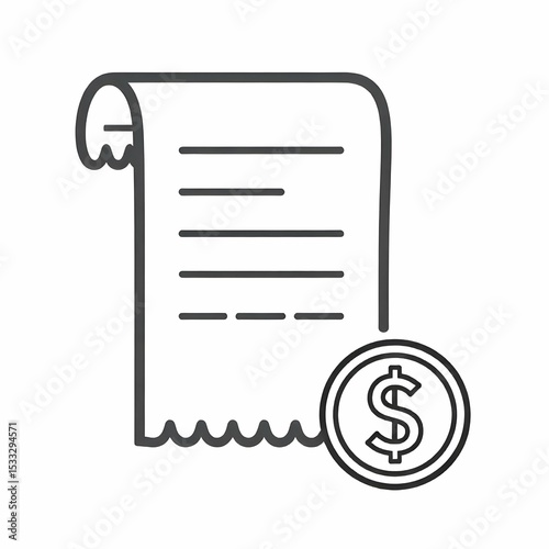Black and white vector icon of a printed receipt with a coin symbol beside it, minimalist line art, no background