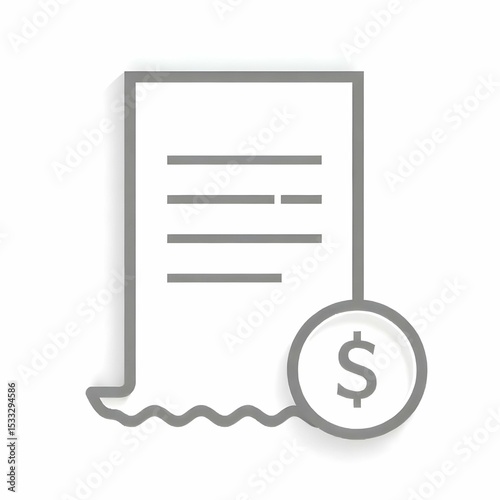 Black and white vector icon of a printed receipt with a coin symbol beside it, minimalist line art, no background