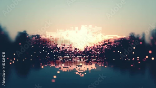 Abstract digital landscape animation with glowing pixels and a reflective surface