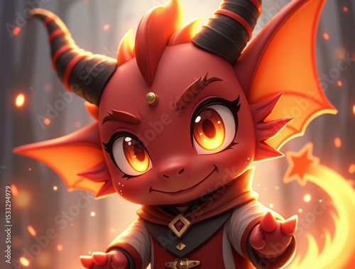 Close-up of a chibi dragon-boy with fiery glowing eyes, small dragon horns, wearing a stylish fantasy outfit, anime style, dynamic pose with sparks flying around