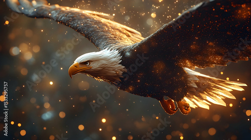 Majestic eagle soaring through a shimmering, ethereal landscape.
