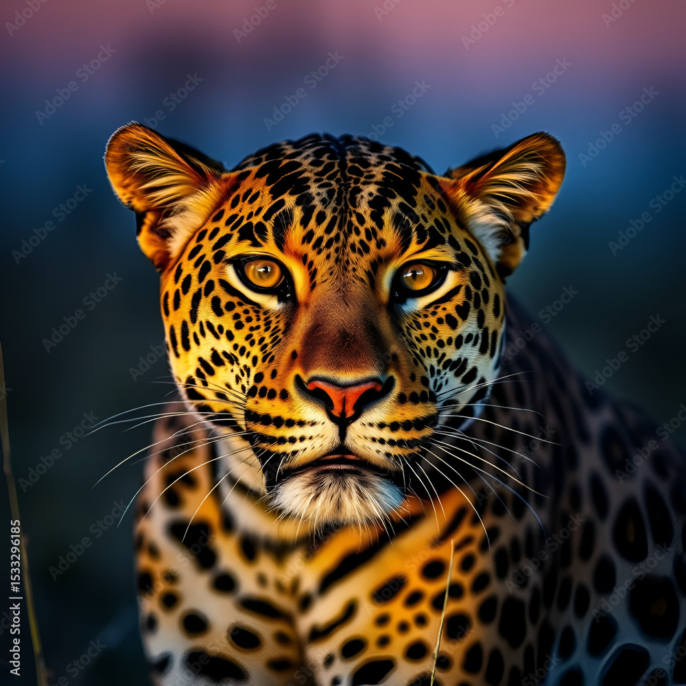 Obraz premium A close encounter with a majestic leopard showcasing its striking features at twilight