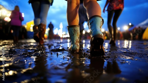 People walking through muddy puddles at night