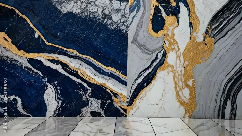 Abstract marble background with gold accents, gray and blue textures and marbled floor.