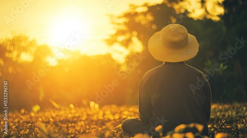 Person meditating outdoors at sunset