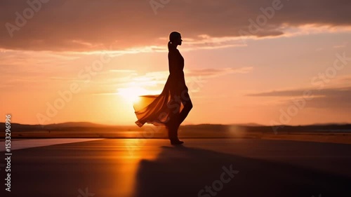 Silhouette of a woman walking gracefully on runway as camera tracks sideways at sunset. 4K.
