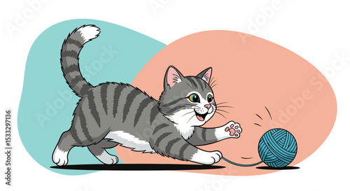 Playful Kitten with Yarn Ball Adorable Pet Illustration