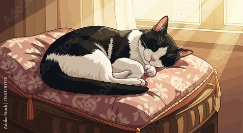 Sunlit Nap A Charming Illustration of a Tuxedo Cat Resting Peacefully