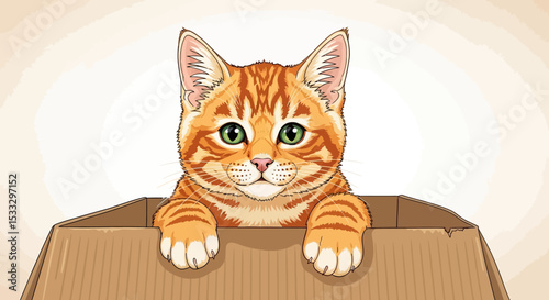 Adorable Orange Kitten in Cardboard Box A Cute Pet Illustration