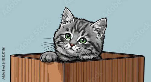 Adorable Gray Kitten in a Cardboard Box Cute Pet Illustration
