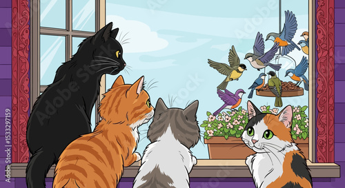 Curious Cats Watching Birds at Window Adorable Pet Illustration