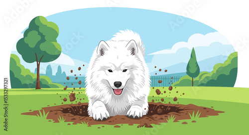 Playful White Dog Digging in the Park A Delightful Illustration