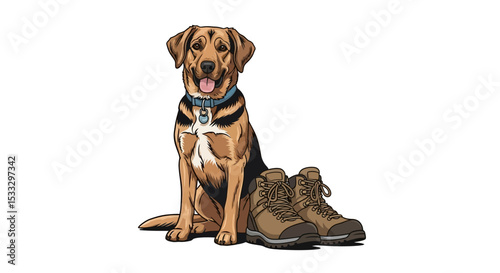 Happy Hiking Dog Ready for Adventure with Boots