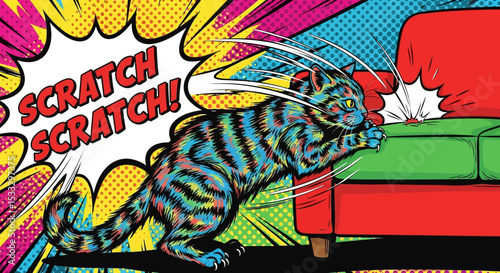 Colorful Pop Art Cat Scratching Furniture A Hilarious Illustration