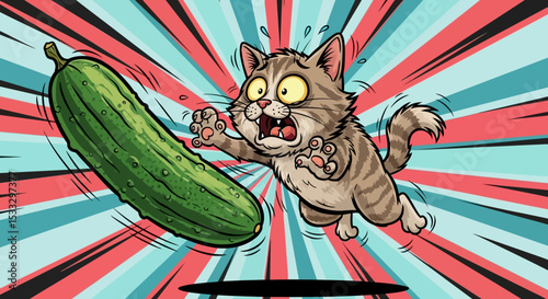 Terrified Cat Surprised by Flying Cucumber Hilarious Cartoon Illustration