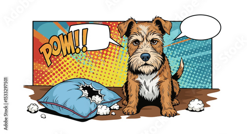 Mischievous Pup in Pop Art Style A Playful Illustration of a Dog Destroying a Pillow
