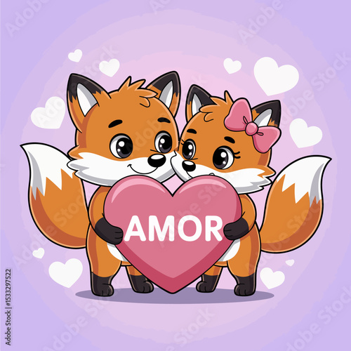 Romantic fox couple with a heart