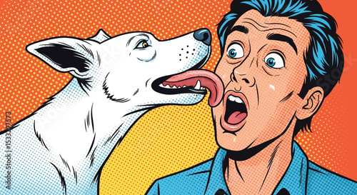 Cartoon illustration of a smiling boy and his dog with funny expressions