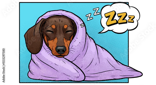 Adorable Dachshund Puppy Snuggling in Blanket, Sleeping Soundly
