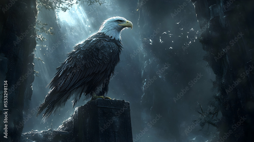 Fototapeta premium Majestic bald eagle perched atop a weathered stone in a mystical woodland.