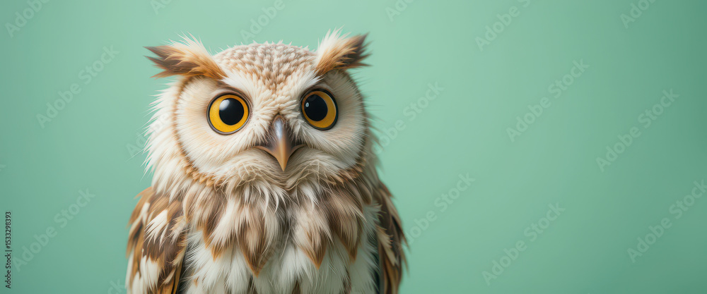 Naklejka premium Close-up of an expressive owl with bright yellow eyes and soft fluffy feathers on pastel green background, showcasing digital wildlife character in high-resolution studio lighting