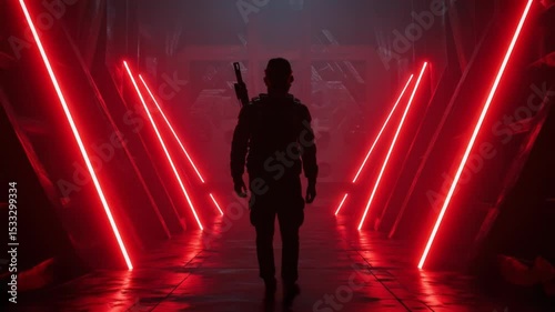 Cyberpunk Warrior: Silhouette in Neon Corridor