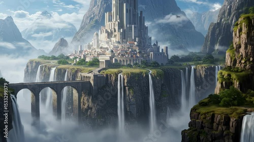 Floating Kingdom: Fantasy Landscape with Waterfalls and Ancient City