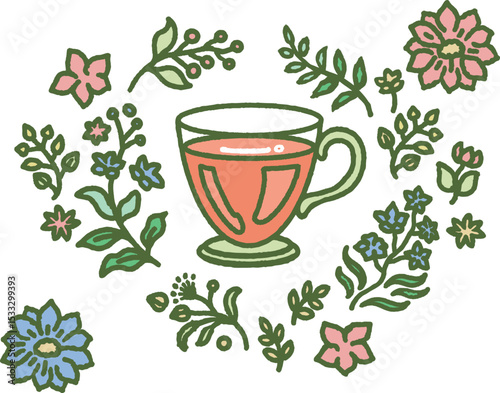 植物とお茶の入ったティーカップのカラーイラスト