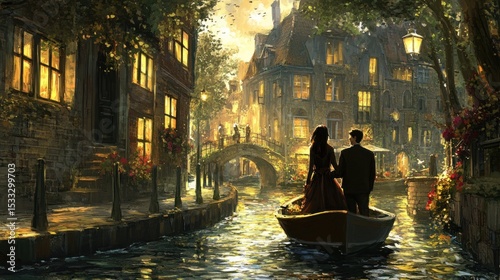 Romantic canal scene at sunset