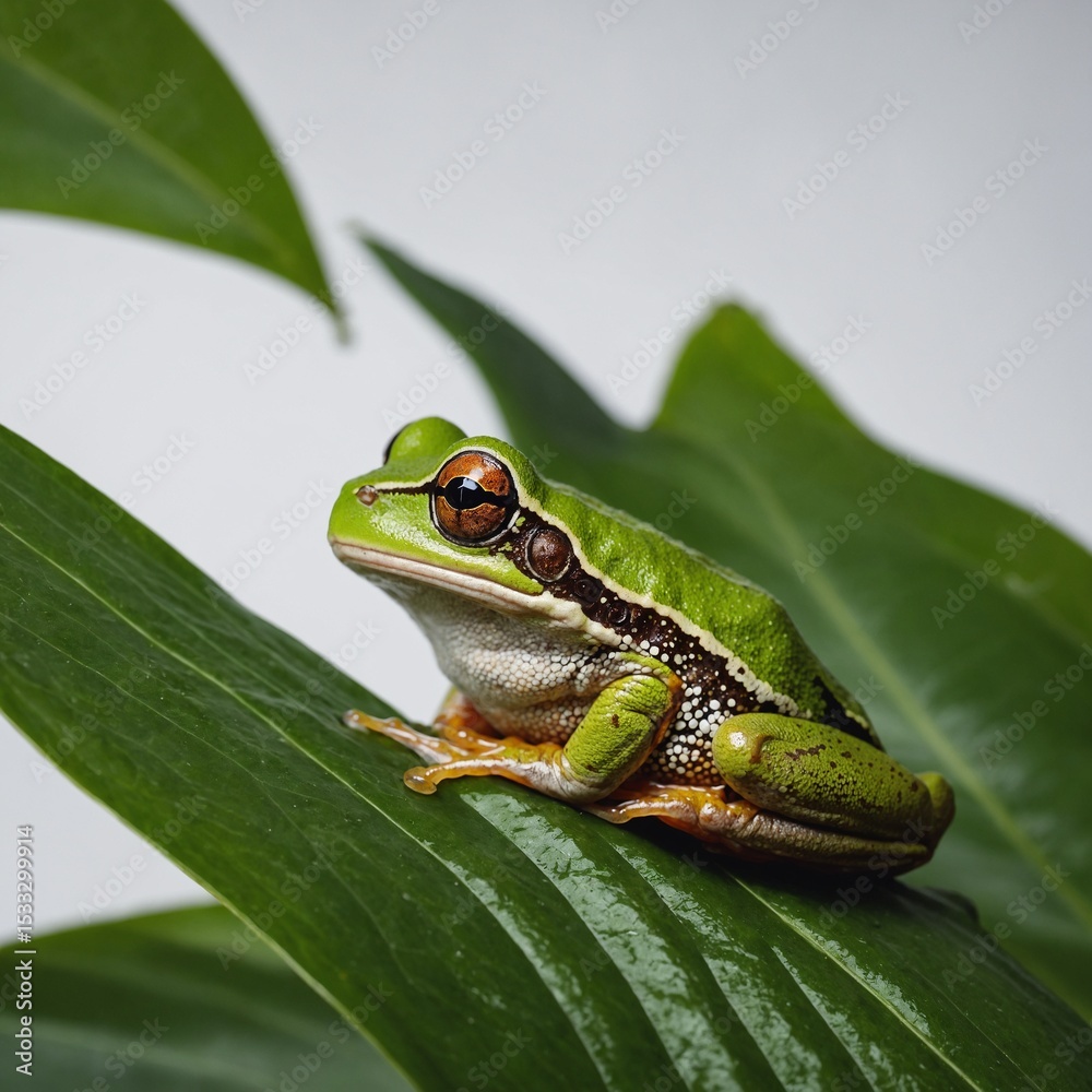 Obraz premium A tree frog on a large jungle leaf, clear with white background