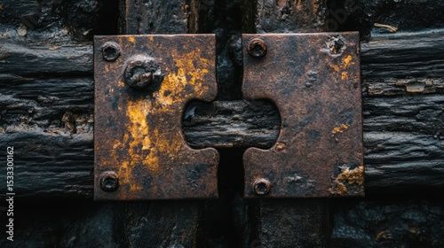 Rusty metal plates on weathered wood