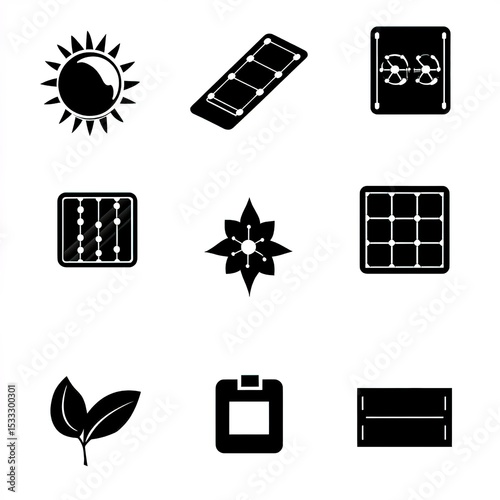 Set of black solar panel icons, vector illustration on a white background. Simple shapes, with 9 items in total, featuring different types and sizes. The design uses negative space to create the icon