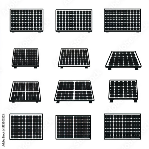 Set of black solar panel icons, simple shapes, white background, vector graphics, vector-style icon set, solar energy and power symbol design.