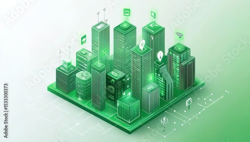 Sage green-colored, vector graphics illustration of a smart city with icons connected to buildings featuring sustainable energy and environmental elements on a white background.