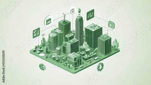Sage green-colored, vector graphics illustration of a smart city with icons connected to buildings featuring sustainable energy and environmental elements on a white background.