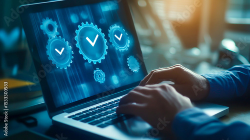 Gears and checkmark icon on a virtual screen, a quality control concept with a businessman using a laptop at an office desk for a standardization system to ensure a high level of service in a company