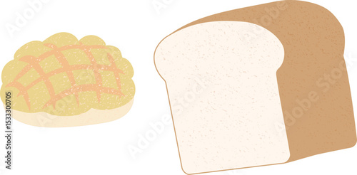 テクスチャーのある食パン1斤と日本のメロンパンのベクターイラスト