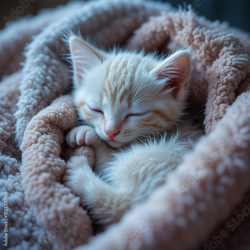 Tiny kitten curled up in a warm blanket, purring softly , playful, curls, warmth